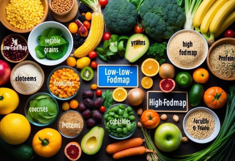 Low and high FODMAP foods arranged with labels on a wooden table