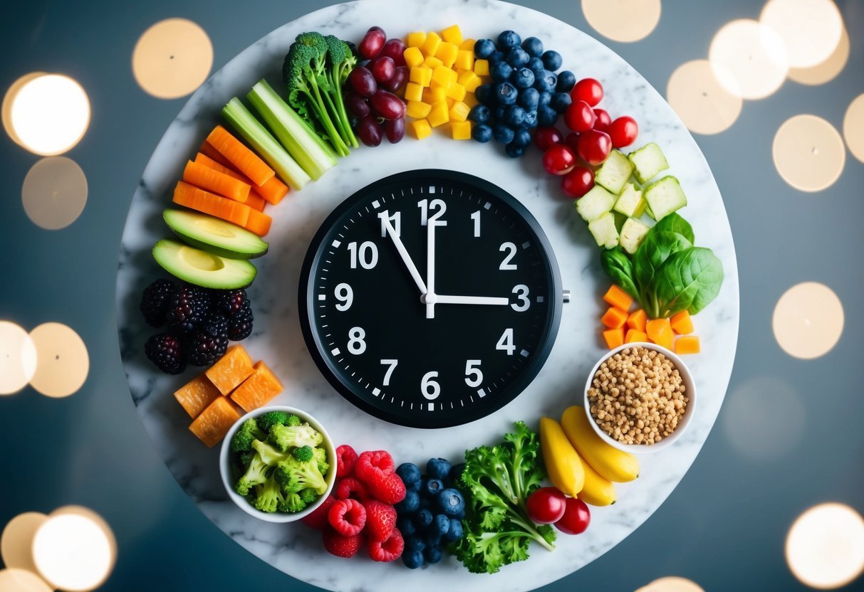 A variety of nutrient-rich foods arranged in a circular pattern, surrounded by a clock to represent intermittent fasting benefits