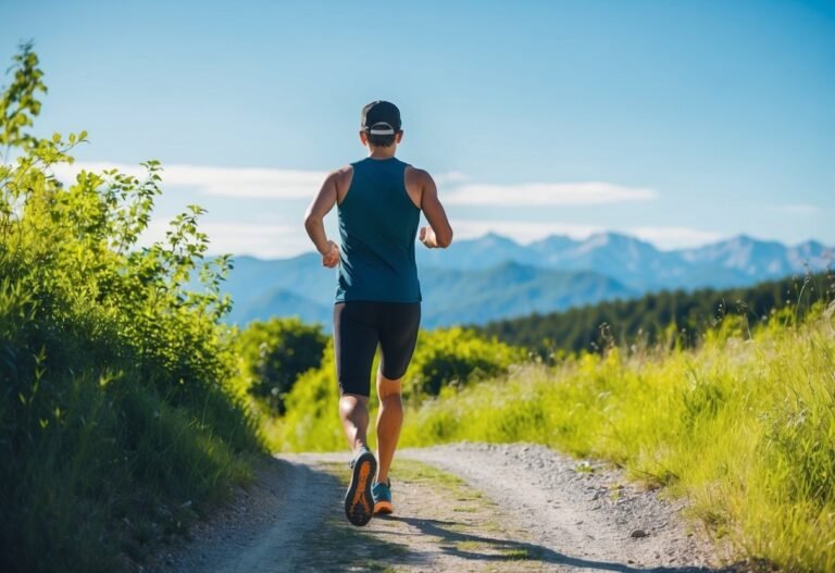 Man running on a dirt path with mountains in the background