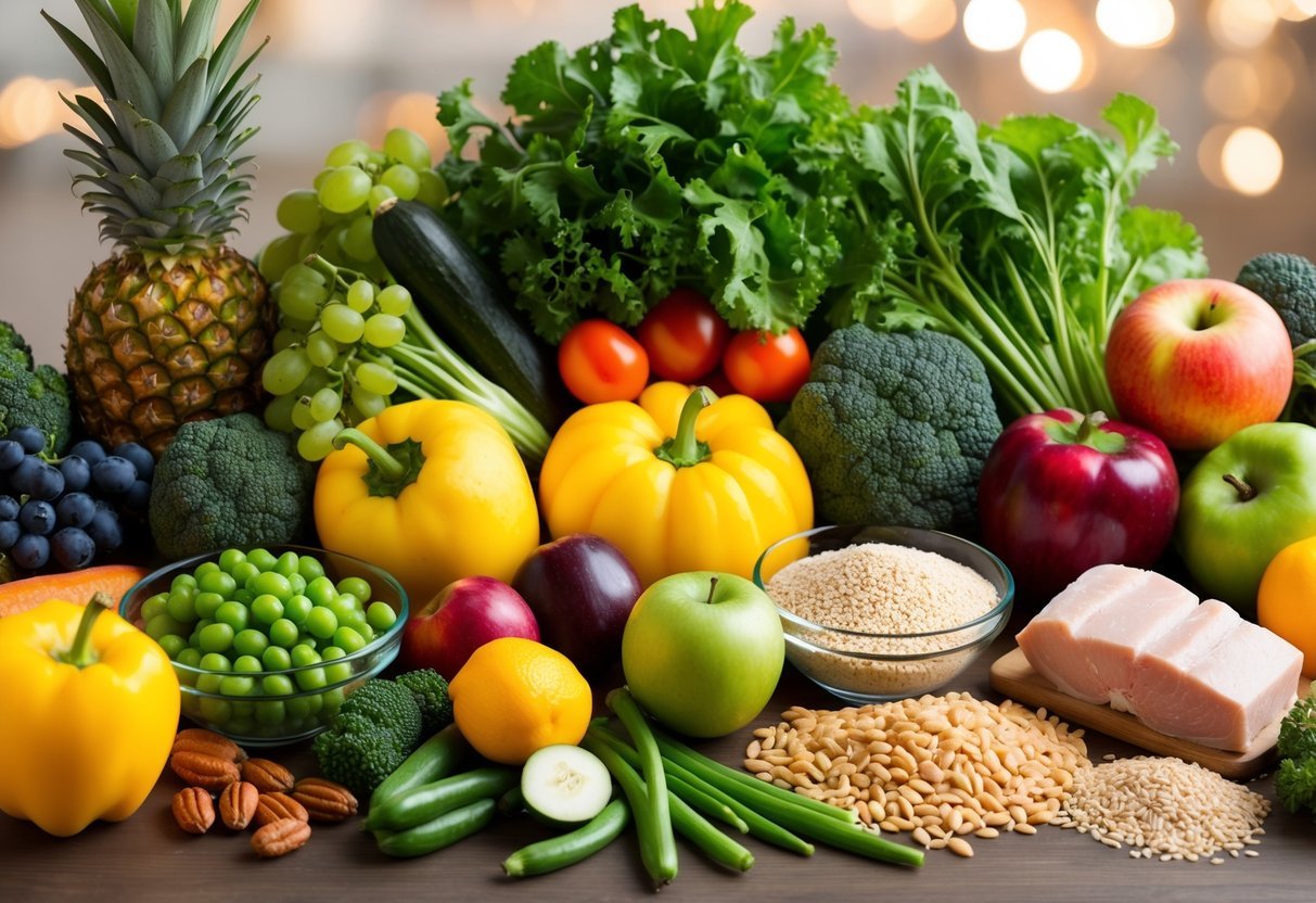 A variety of colorful fruits, vegetables, whole grains, and lean proteins arranged on a table, representing the nutritional composition and benefits of the DASH diet