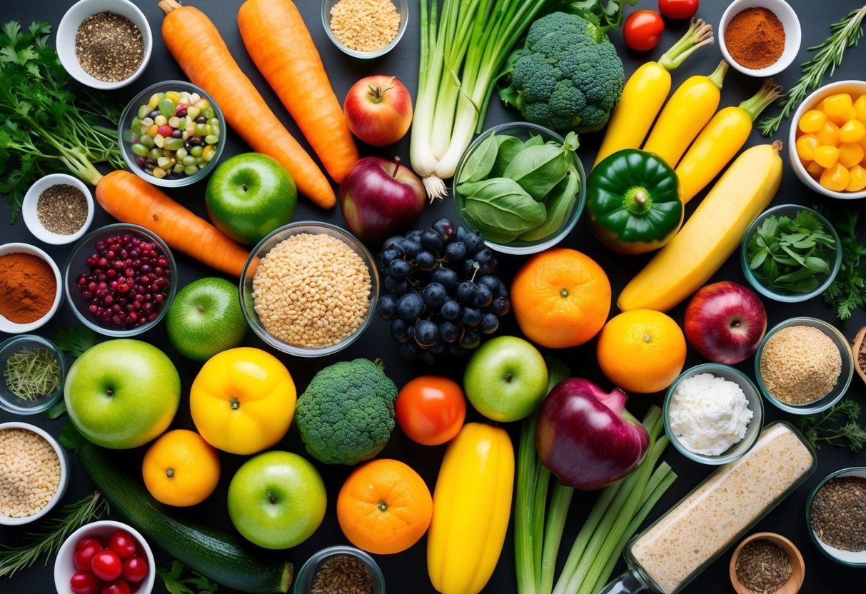 A colorful array of fruits, vegetables, whole grains, and lean proteins arranged on a table, surrounded by a variety of herbs and spices