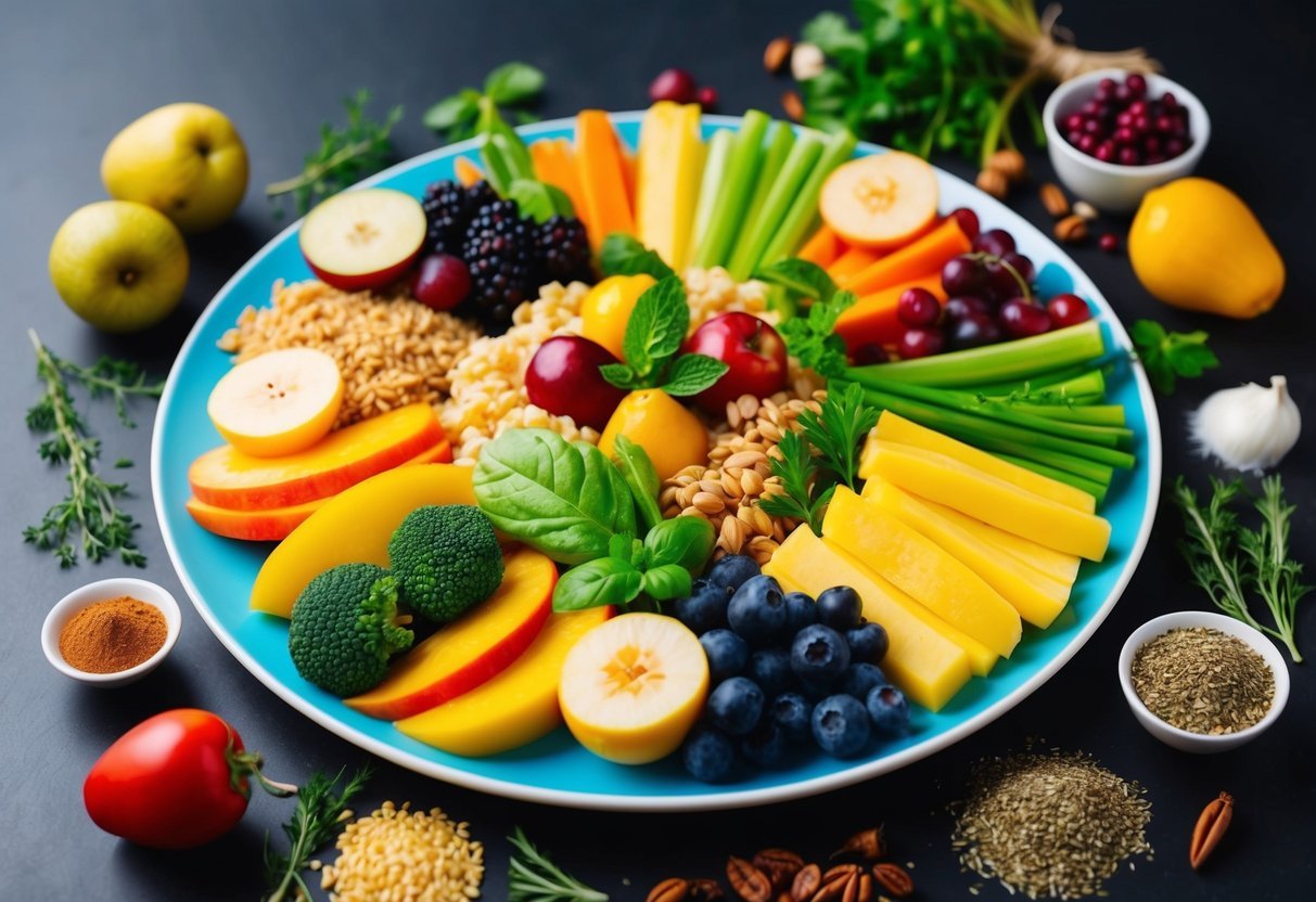 A colorful plate filled with fruits, vegetables, whole grains, and lean proteins, surrounded by a variety of herbs and spices