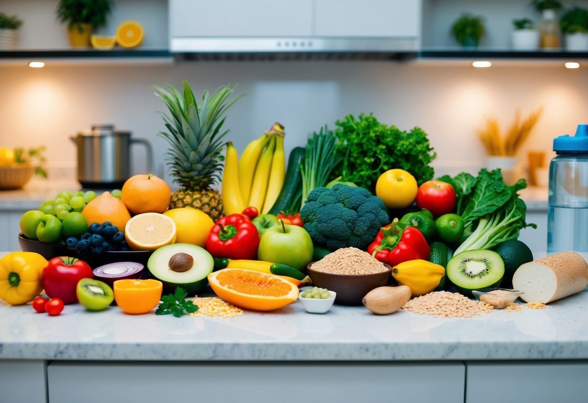 A colorful array of fresh fruits, vegetables, whole grains, and lean proteins arranged on a kitchen counter, with a measuring cup and a water bottle nearby