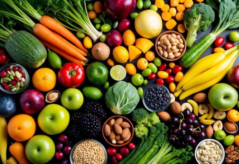 Assortment of fresh fruits, vegetables, nuts, and seeds arranged on a dark surface