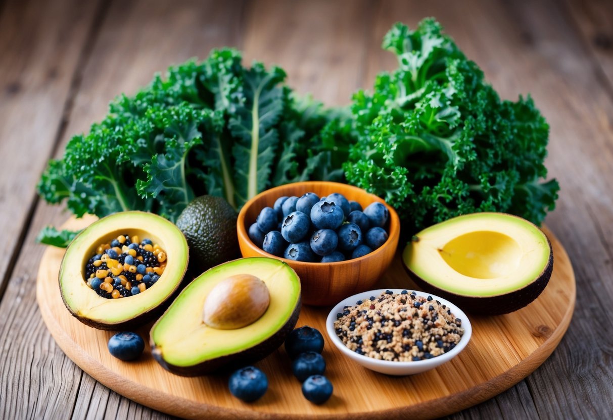 A vibrant assortment of superfoods - such as kale, blueberries, quinoa, and avocado - arranged on a wooden cutting board