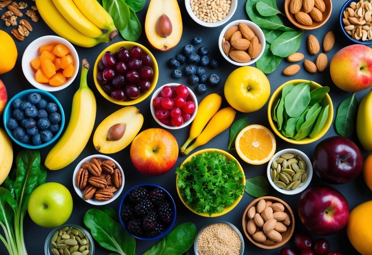 A colorful array of superfoods, including vibrant fruits, leafy greens, nuts, and seeds, arranged in a balanced and visually appealing composition