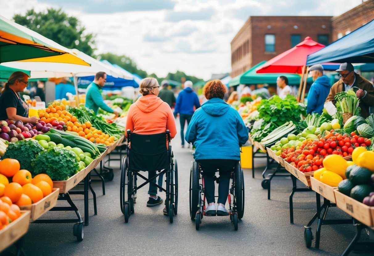 A vibrant farmers' market with colorful displays of fresh fruits, vegetables, and superfoods.</p><p>Customers of all ages and abilities browse the accessible, sustainable options