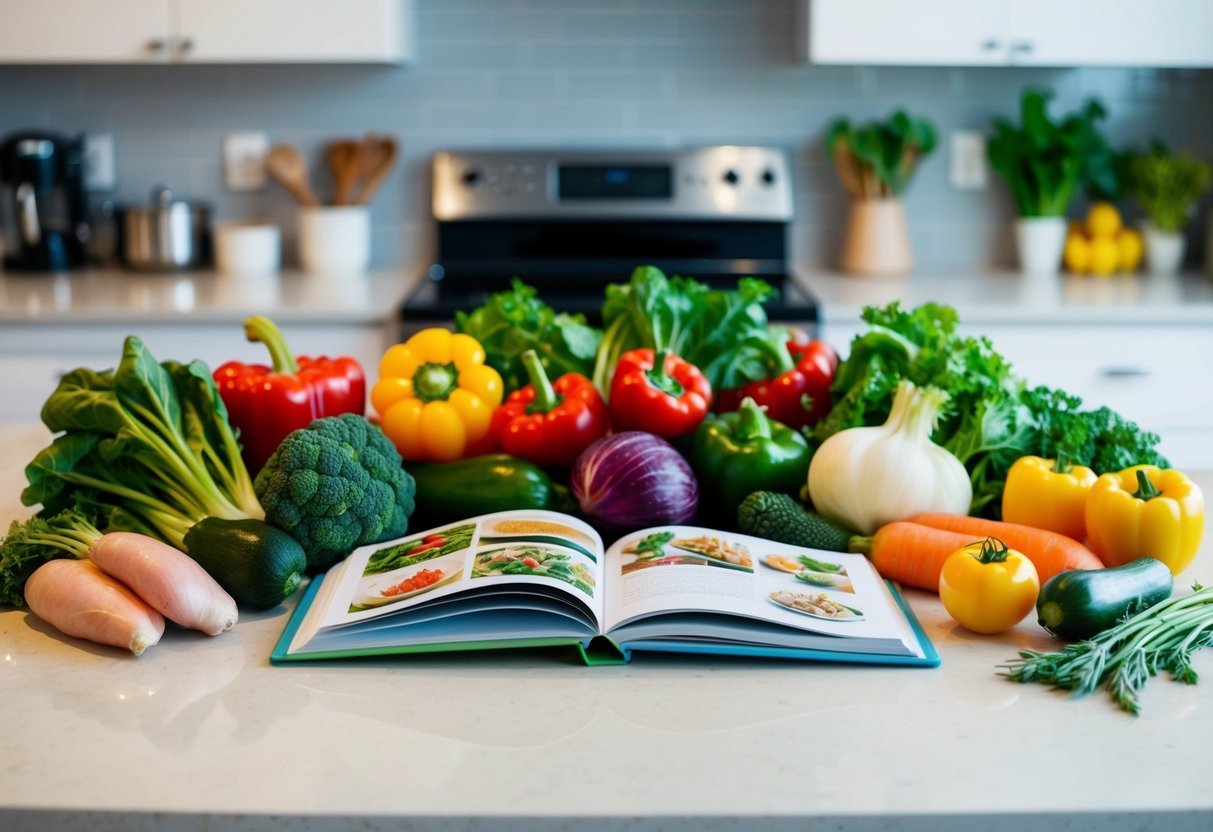 A variety of fresh vegetables and lean proteins arranged on a kitchen counter, with a cookbook open to low-carb dinner recipes