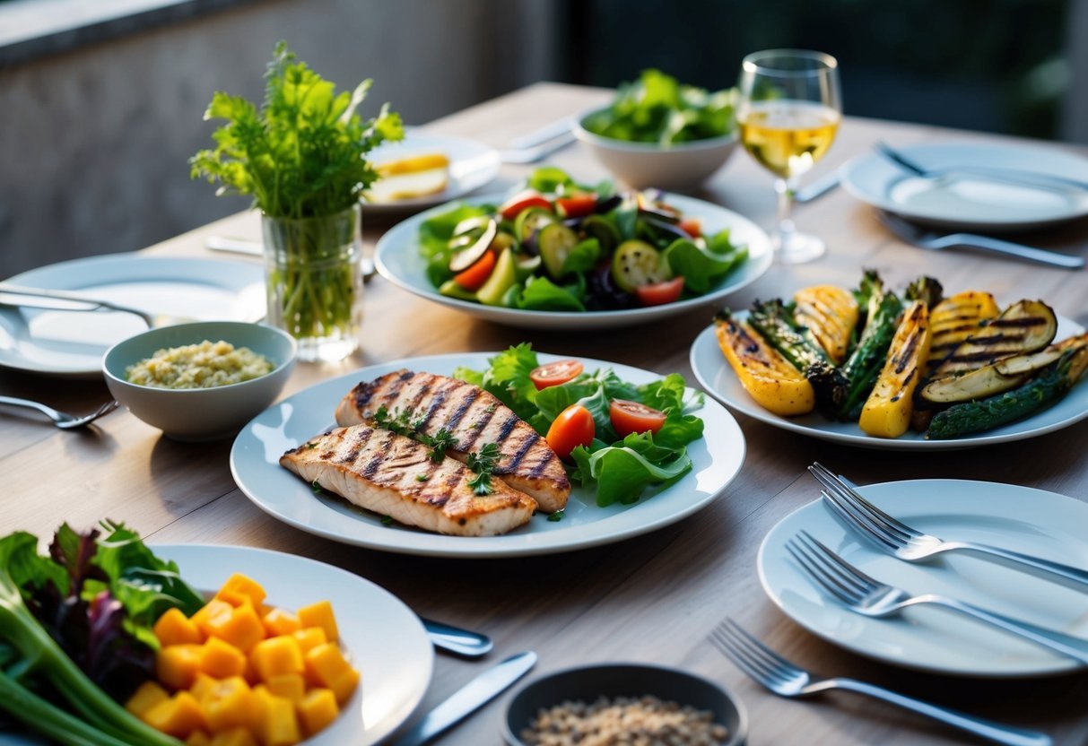 A table set with a variety of low-carb dinner dishes, including grilled vegetables, a salad, and a lean protein like grilled chicken or fish