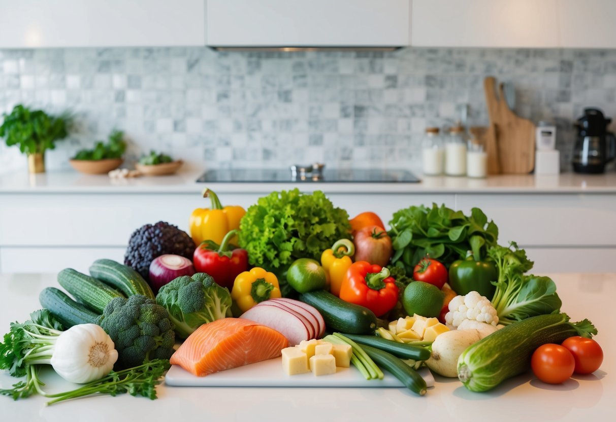 A colorful array of fresh vegetables, lean proteins, and healthy fats spread out on a clean, minimalist kitchen counter