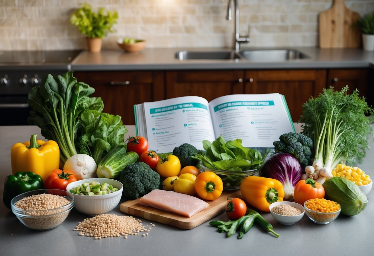 A colorful array of fresh vegetables, grains, and lean proteins laid out on a kitchen counter, with a cookbook open to a page of budget-friendly meal ideas