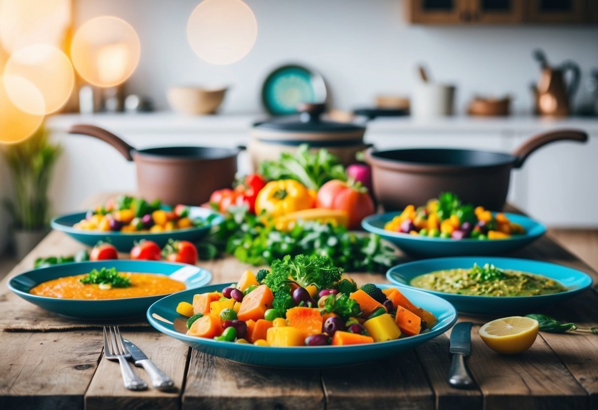 A table set with colorful, hearty dishes surrounded by fresh produce and rustic cookware