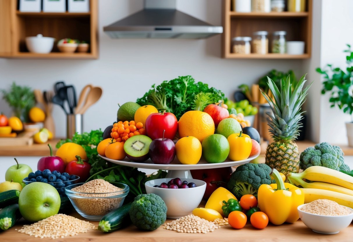 A colorful array of fresh fruits, vegetables, and whole grains displayed on a kitchen counter, surrounded by affordable pantry staples and cooking utensils