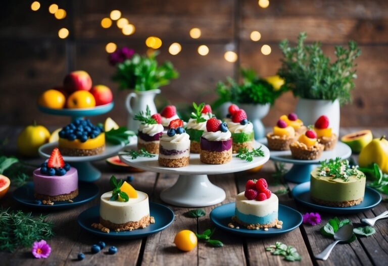 Variety of fruit tarts and cakes on a wooden table with fruit