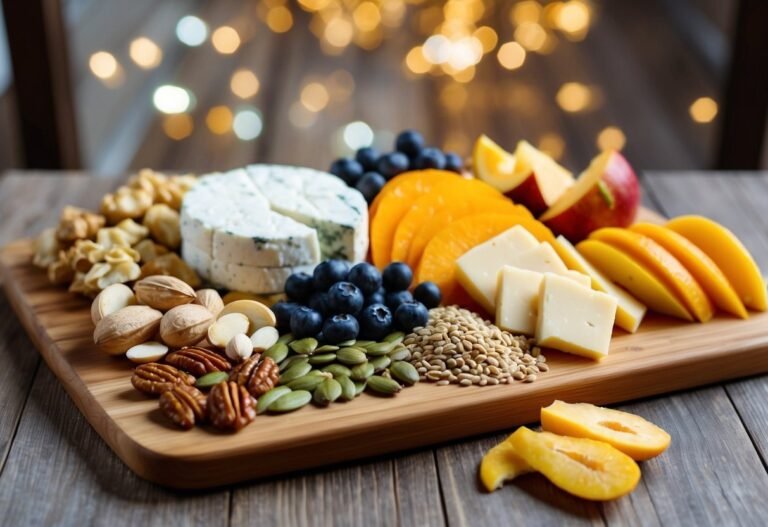 Cheese, fruit, and nuts arranged on a wooden serving board