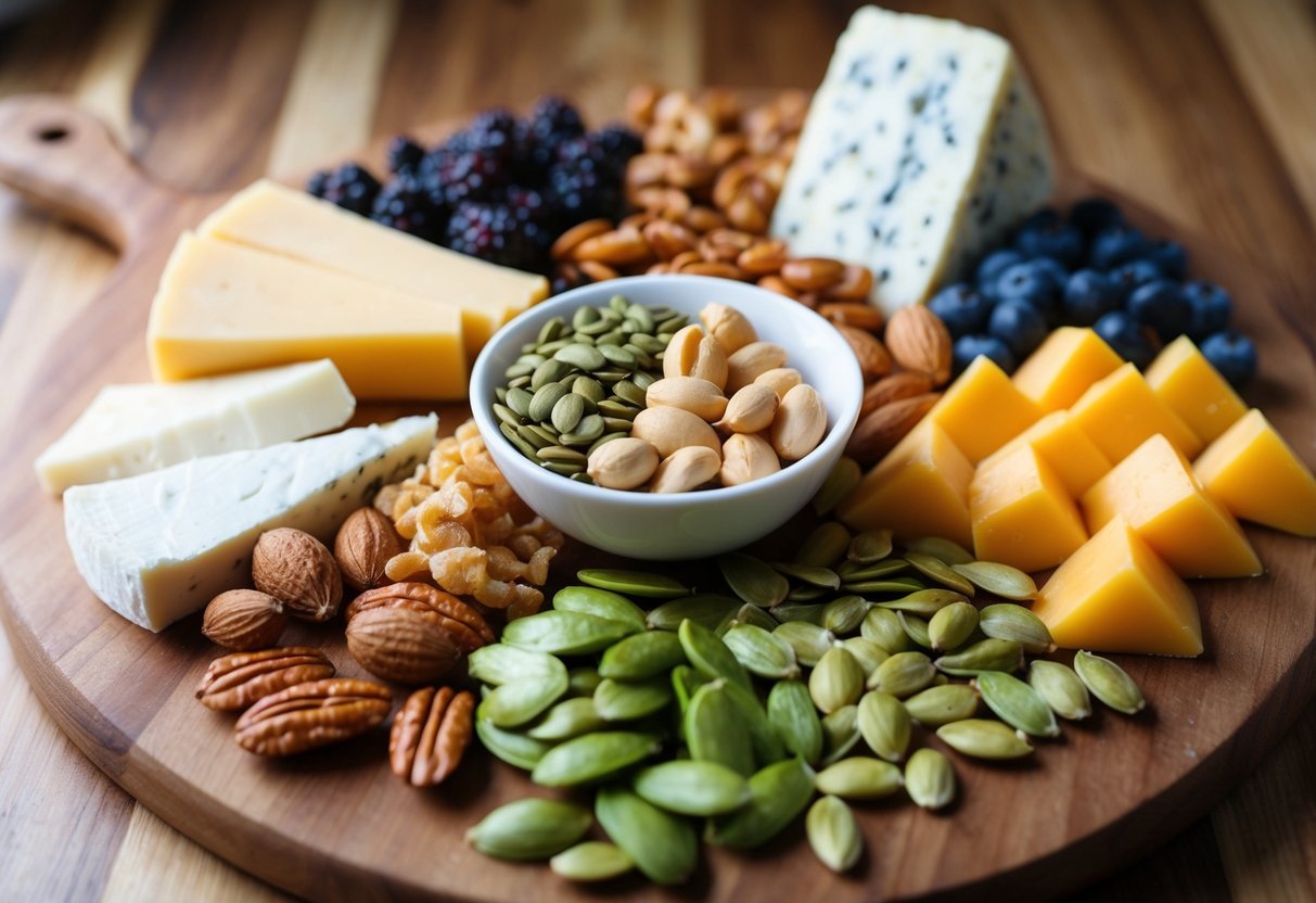 A variety of high-protein snacks arranged on a wooden cutting board with nuts, seeds, cheese, and sliced fruits