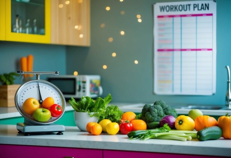 Kitchen scene with fruits, vegetables, scale, and a workout plan on the wall