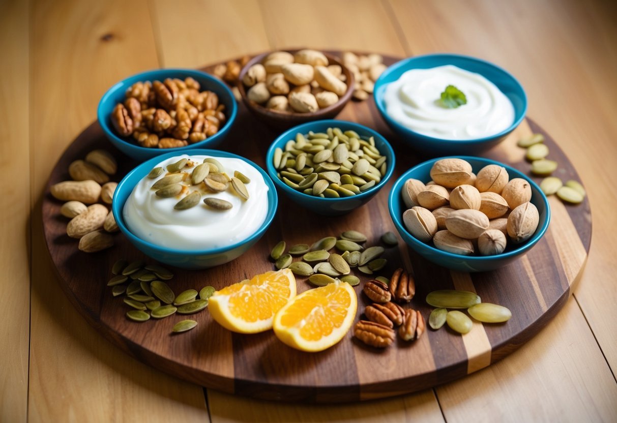 A variety of high-protein snacks arranged on a wooden cutting board, including nuts, seeds, Greek yogurt, and sliced fruit