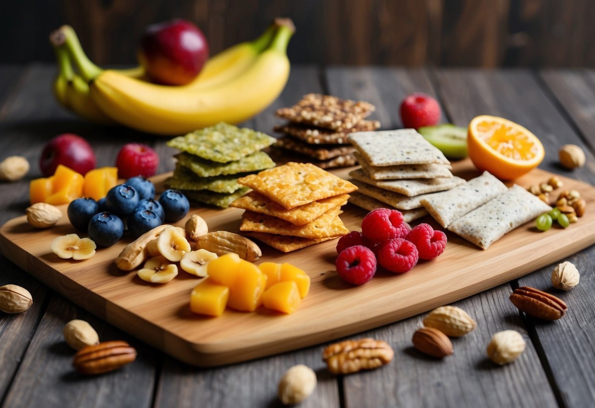 A variety of high-protein snacks arranged on a wooden cutting board with fresh fruits and nuts scattered around