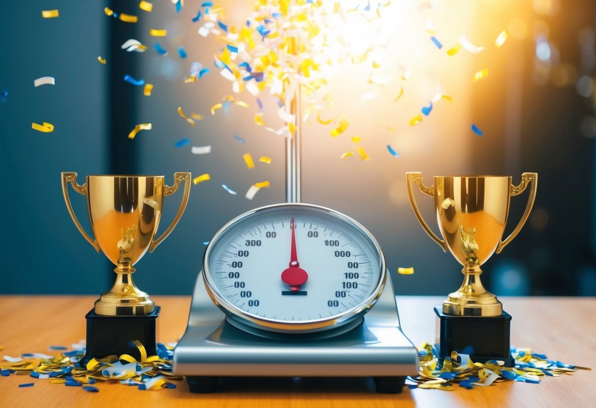 A scale with a decreasing number display, surrounded by confetti and a trophy, symbolizing progress and success in dieting