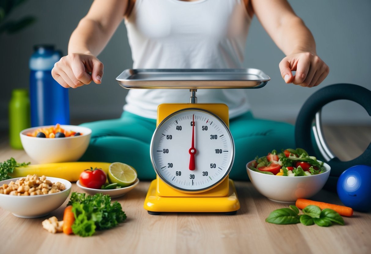 A person's journey to long-term weight loss success, depicted by a scale surrounded by healthy food and exercise equipment