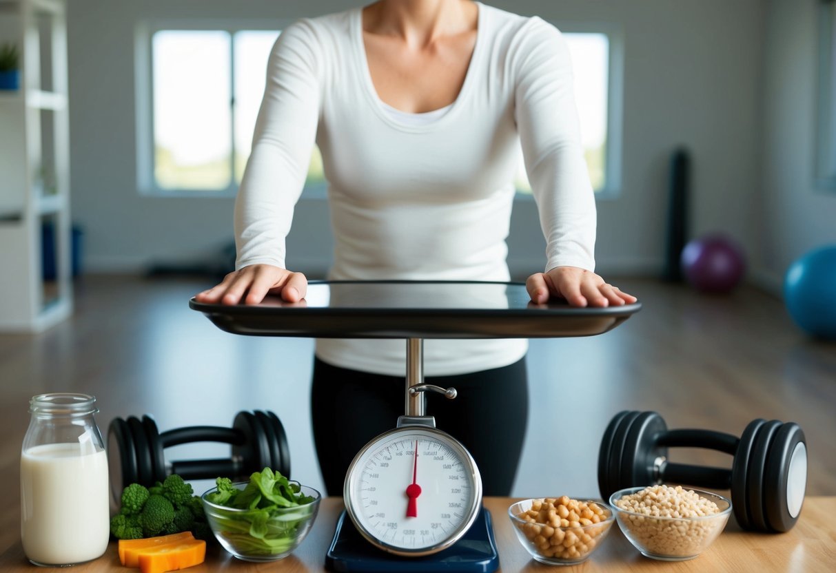 A person standing on a scale, looking determined.</p><p>Surrounding them are healthy food options and exercise equipment