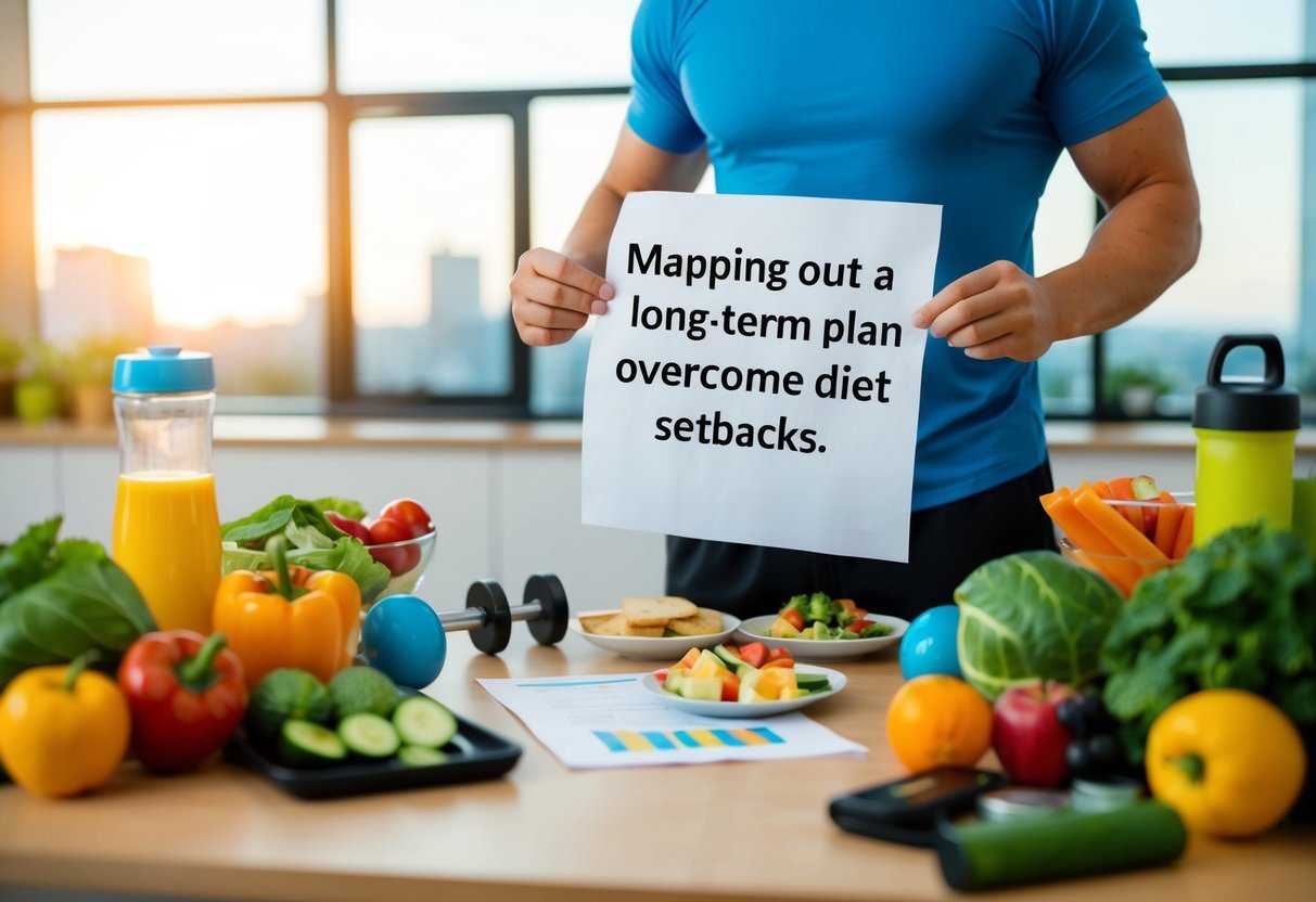 A person surrounded by healthy food and exercise equipment, mapping out a long-term plan to overcome diet setbacks