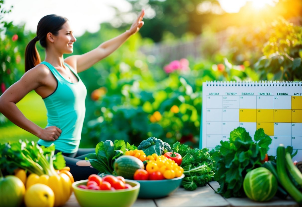 A vibrant garden with fresh fruits and vegetables, a person exercising, and a calendar tracking progress