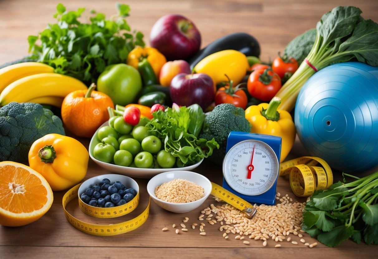 A table filled with colorful fruits, vegetables, and whole grains, surrounded by a tape measure, scale, and exercise equipment