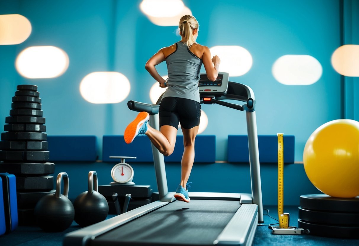 A person running on a treadmill, surrounded by weights and exercise equipment, with a scale and tape measure nearby