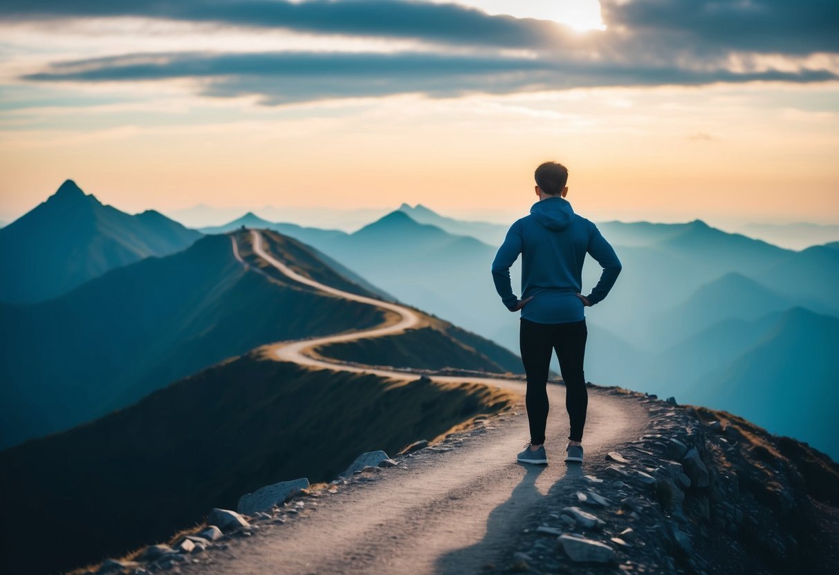 A person standing on top of a mountain, looking down at a winding path symbolizing overcoming challenges and setbacks in their dieting journey