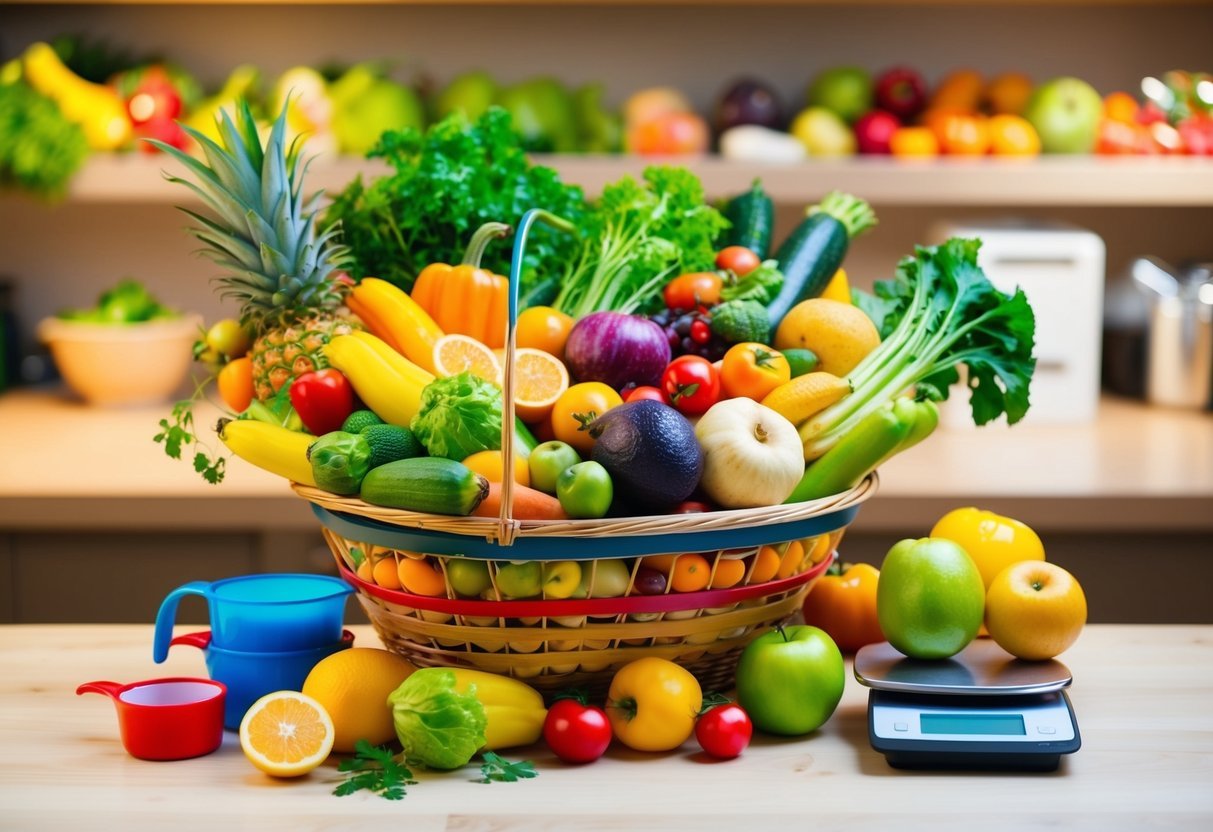 A colorful array of fresh fruits and vegetables overflowing from a grocery basket, surrounded by measuring cups and a scale