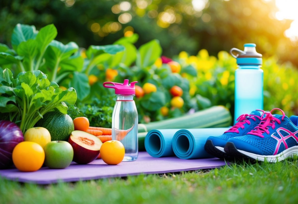 A vibrant garden with fresh fruits and vegetables, a water bottle, running shoes, and a yoga mat