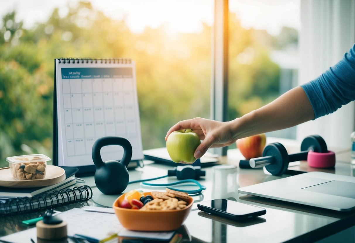 A cluttered desk with a calendar, exercise equipment, and healthy snacks.</p><p>A person's hand reaching for an apple