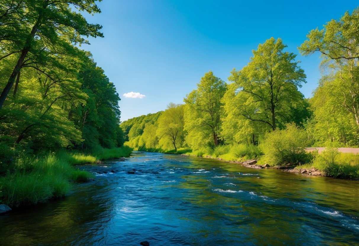 A serene nature scene with a clear blue sky, lush green trees, and a flowing river, symbolizing healthy mindset habit changes for healthy living