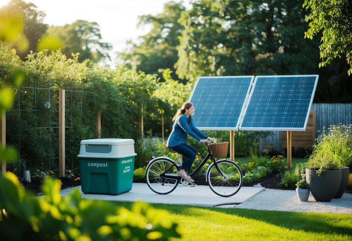 A lush garden with a compost bin, solar panels, a water collection system, and a person riding a bike