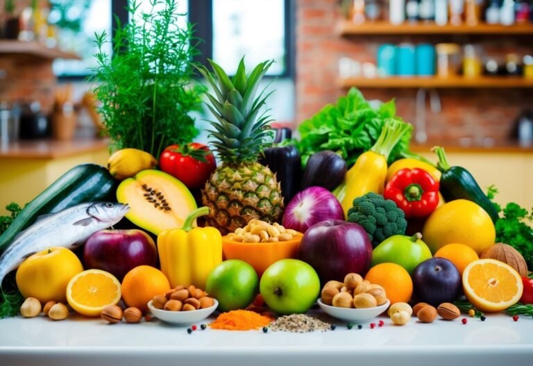 Assortment of fresh fruits, vegetables, nuts, and fish on a kitchen counter