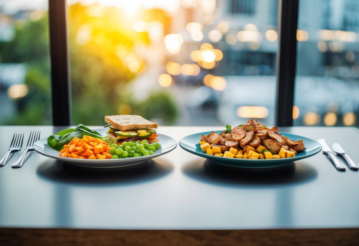 A table with a balanced meal on one side and a plate of high-fat foods on the other