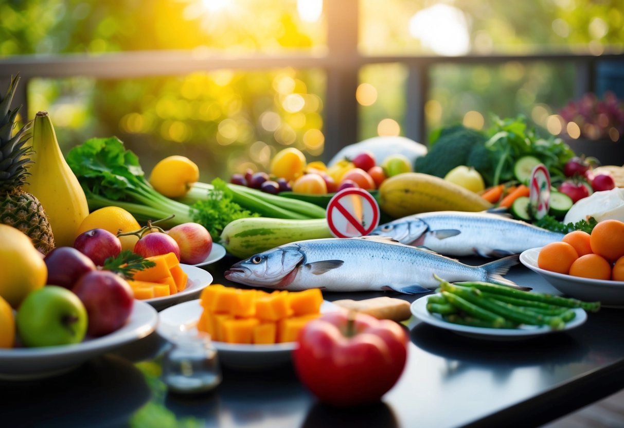 A table with a variety of foods, including fruits, vegetables, and fish.</p><p>Some foods are crossed out or marked with a caution sign