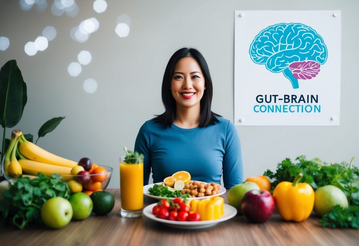 A person sitting at a table with a variety of healthy foods and a diagram of the gut-brain connection on the wall