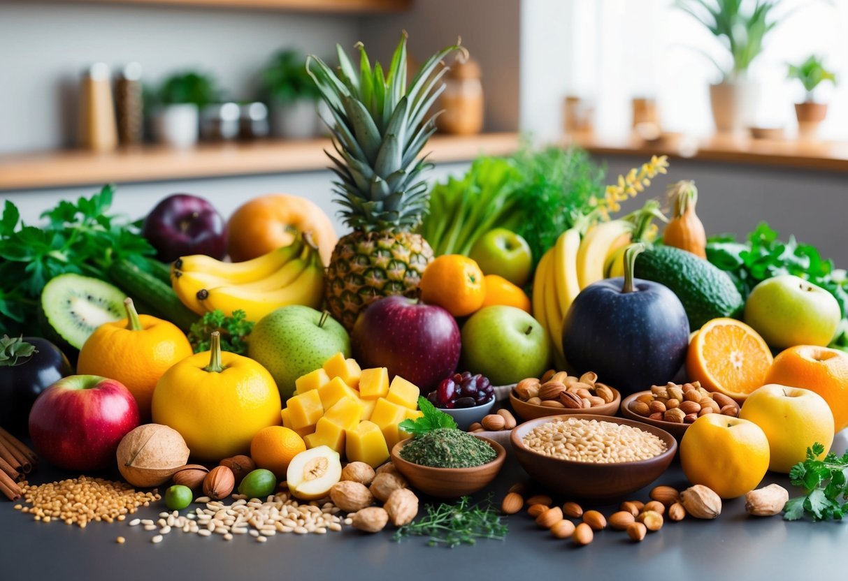 A colorful array of fruits, vegetables, nuts, and whole grains arranged on a table, with a variety of herbs and spices scattered around them