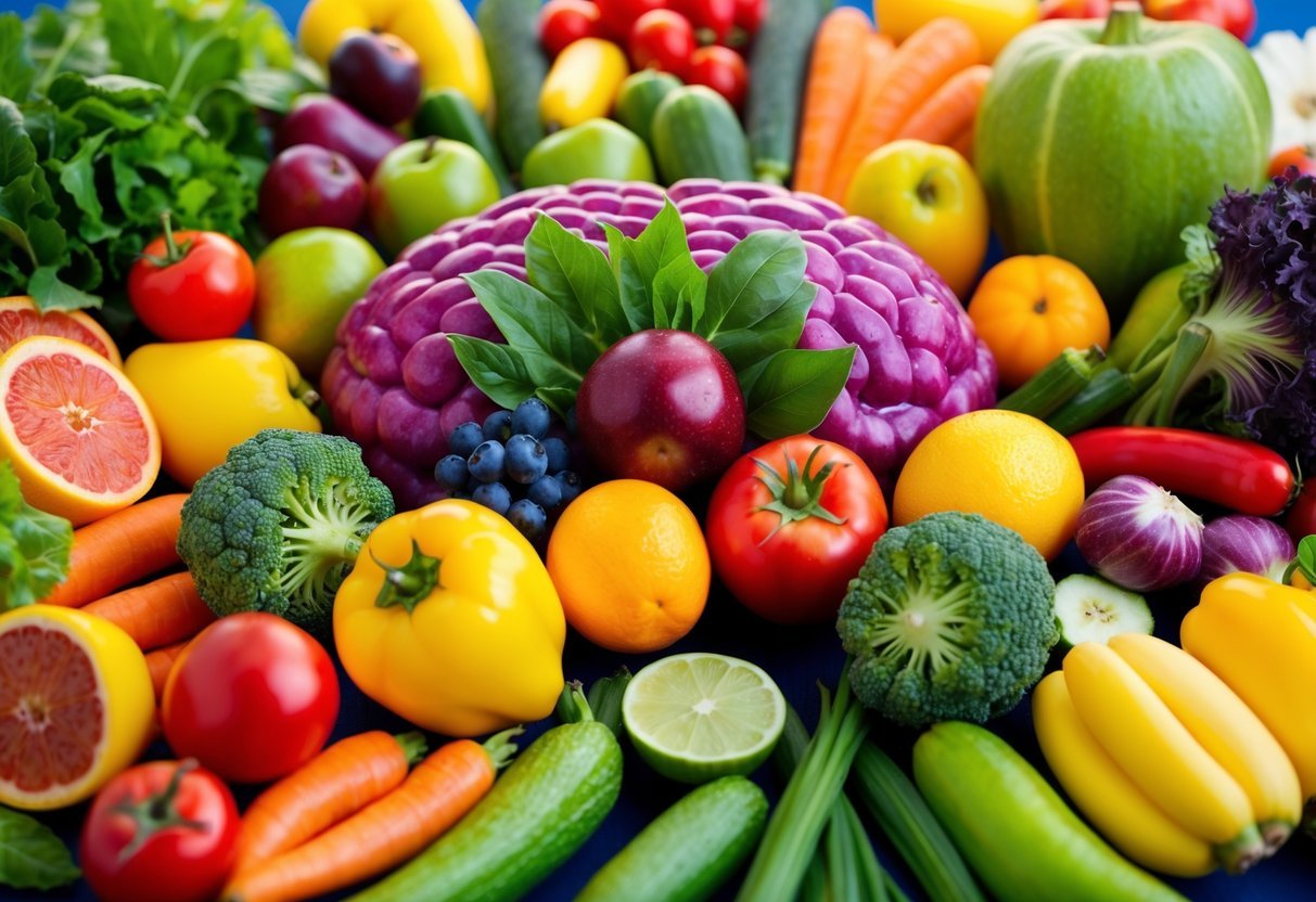 A colorful array of fresh fruits and vegetables arranged around a vibrant, healthy gut, symbolizing the connection between lifestyle factors and gut health