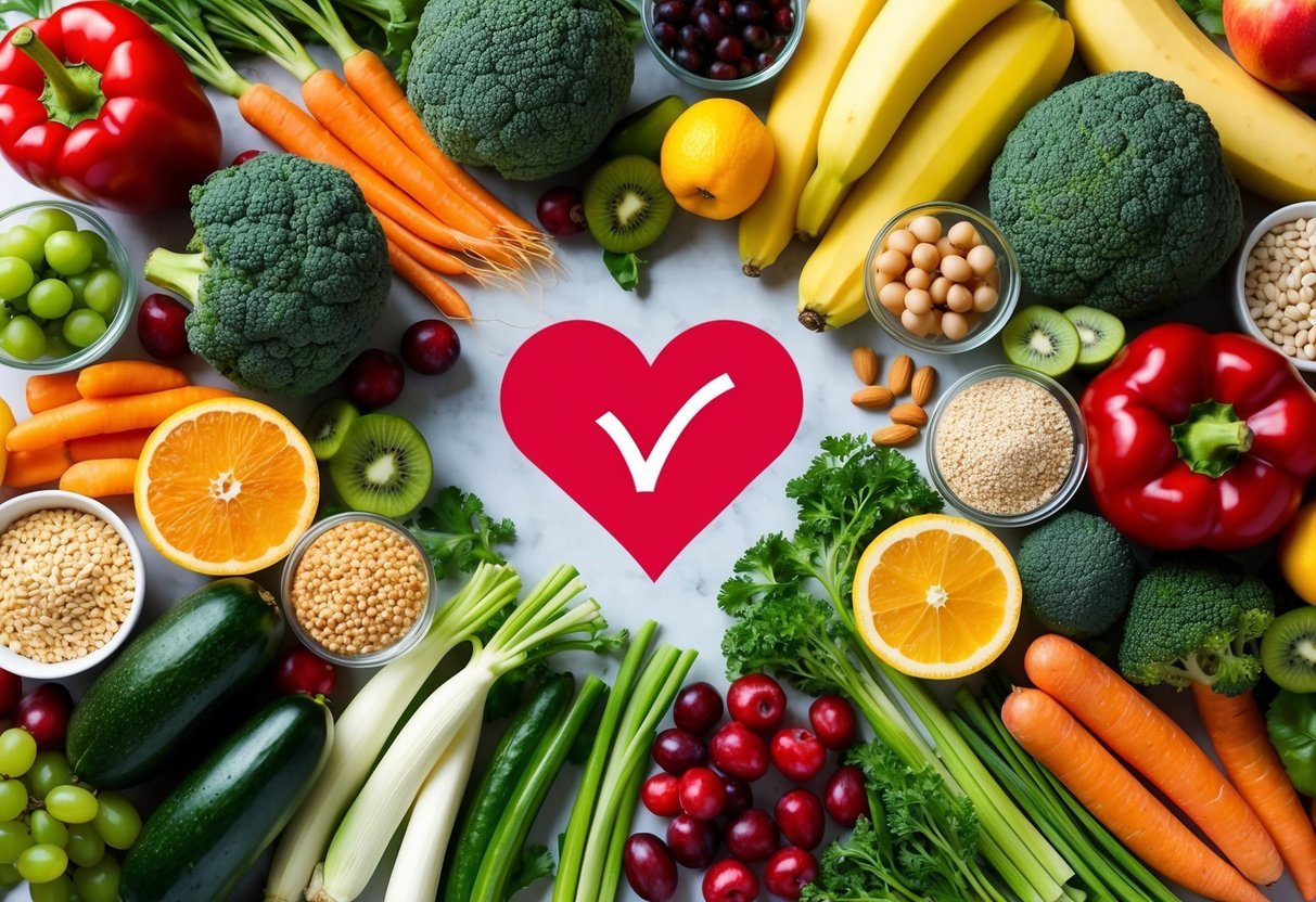 A colorful array of fruits, vegetables, whole grains, and lean proteins arranged on a table, with a heart-shaped symbol in the center