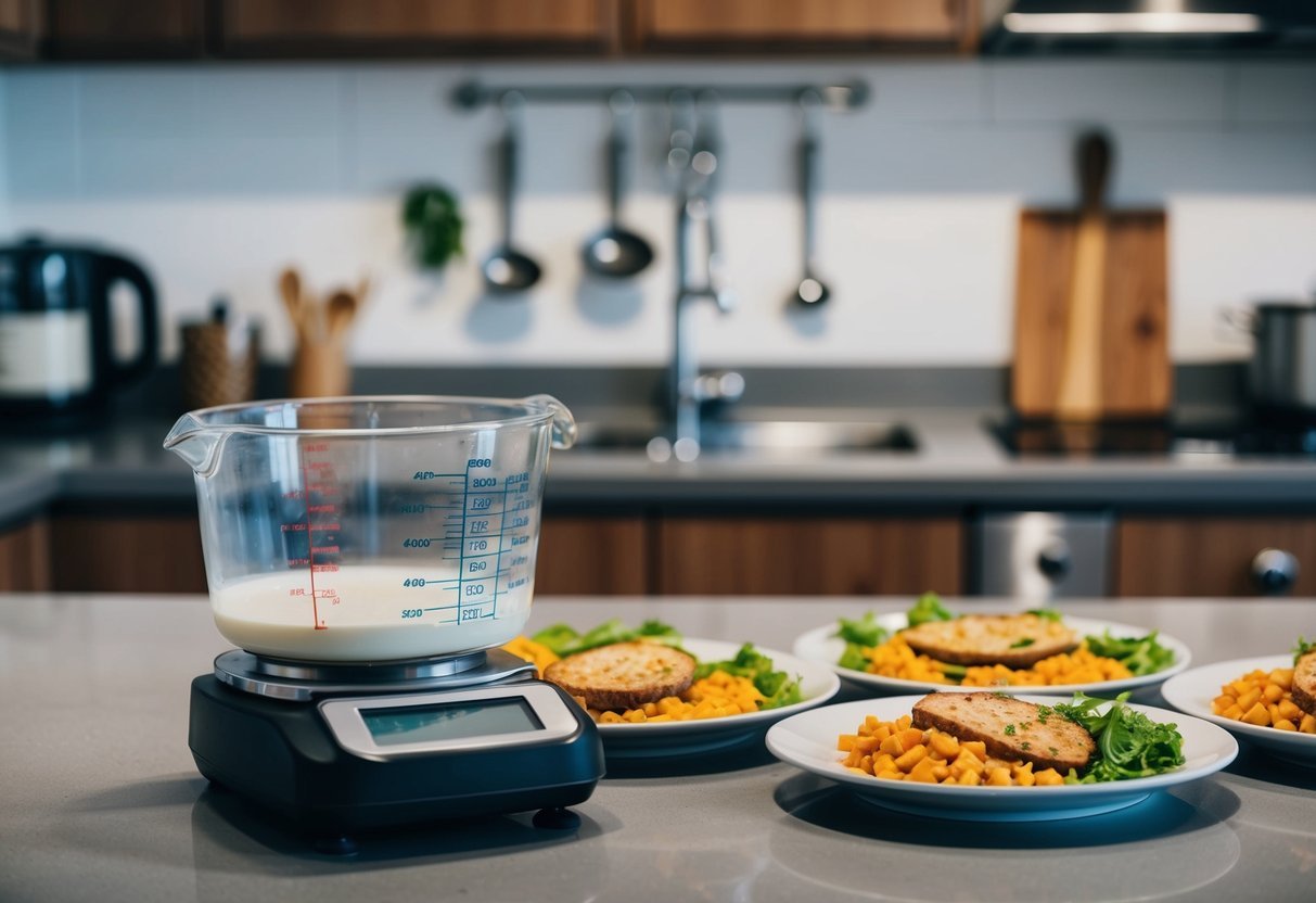 A kitchen counter with measuring cups, food scale, and portioned meals on plates