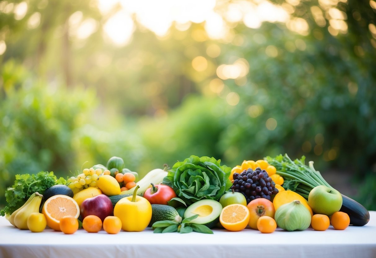 A serene setting with a variety of fresh, colorful fruits and vegetables arranged on a table.</p><p>A peaceful atmosphere with soft lighting and natural elements