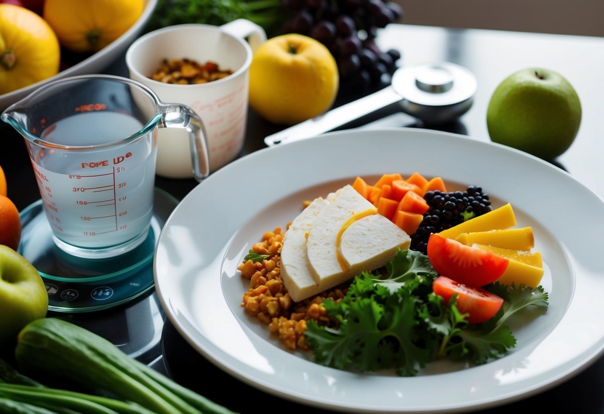 A dinner plate with a balanced portion of food next to a measuring cup and a scale, surrounded by various fruits and vegetables