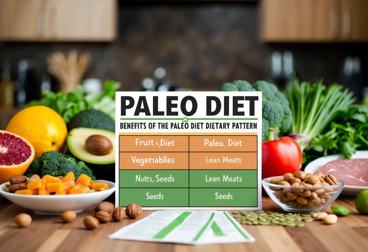 A table with various food items: fruits, vegetables, nuts, seeds, and lean meats.</p><p>A comparison chart showing the benefits of the Paleo diet versus other dietary patterns