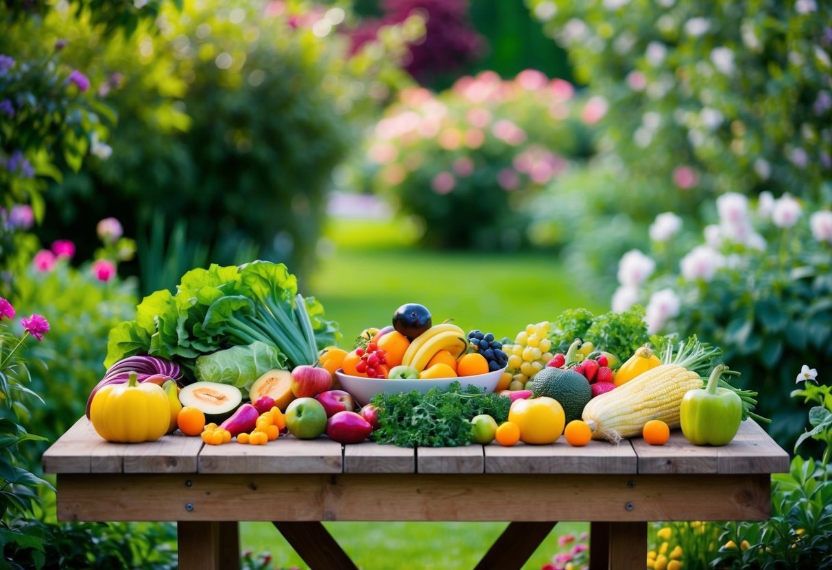 A serene garden with a variety of fresh fruits and vegetables arranged on a wooden table, surrounded by blooming flowers and lush greenery