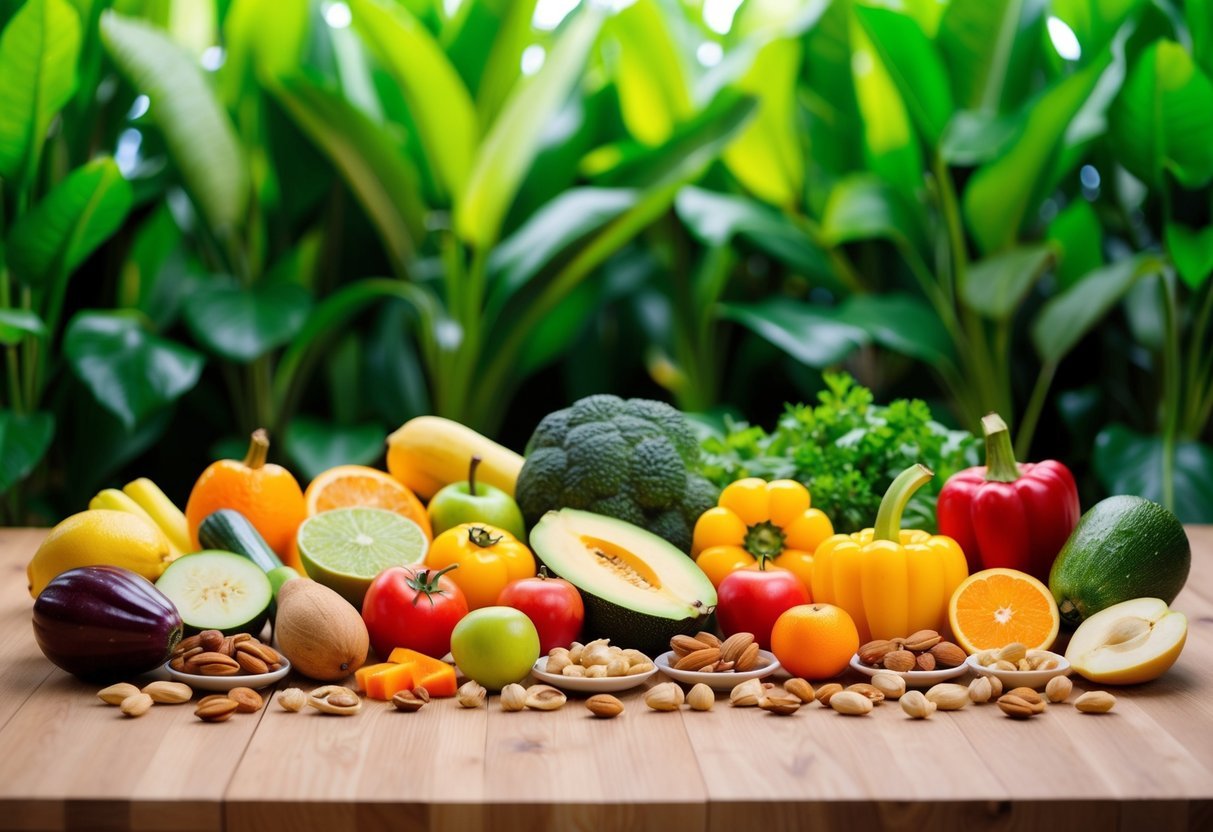 A colorful array of fresh fruits, vegetables, nuts, and lean meats arranged on a wooden table, with a vibrant green backdrop of lush foliage