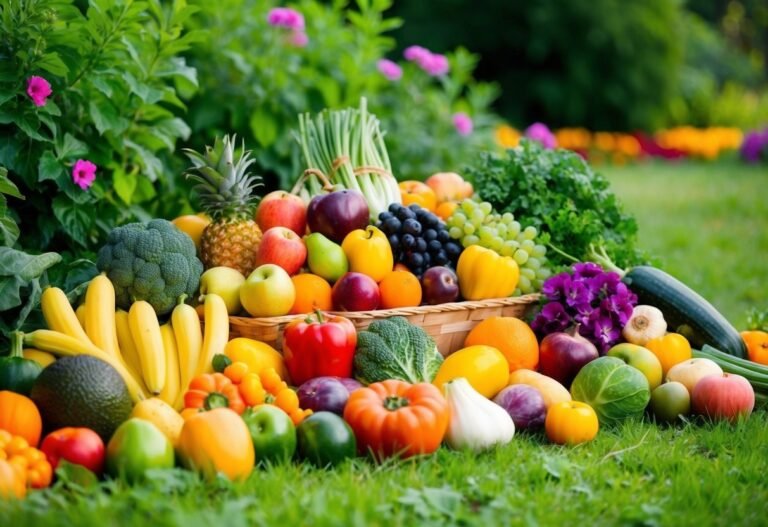 Basket overflowing with colorful fruits and vegetables on a grassy lawn